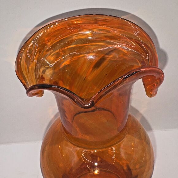 VTG Hand Blown Orange Swirl Art Glass Vase 7” Tall Ruffled Tulip Rim Style Decor - Picture 2 of 8